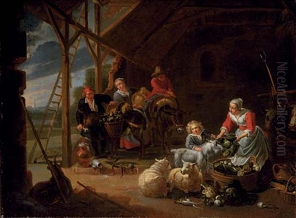 A Peasant Woman Selling Vegetables In A Barn With Travellers Loading Their Donkeys Oil Painting by Willem van, the Elder Herp