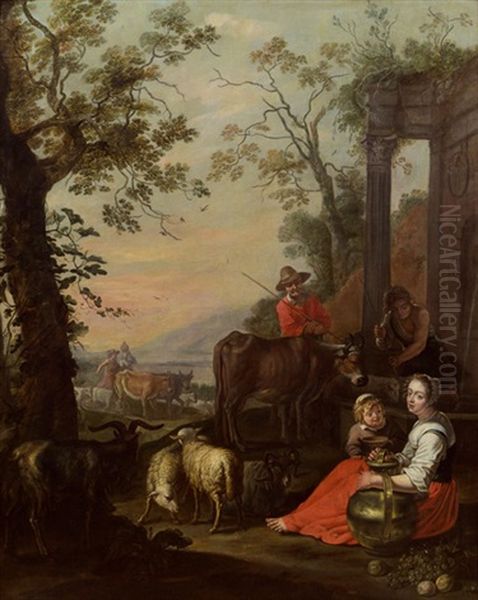 Bauernfamilie Mit Vieh Am Brunnen Oil Painting by Willem van, the Elder Herp