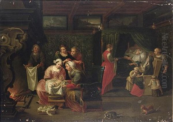 An Interior With Women Visiting A Mother Of A Newly-born Child And Small Children Near A Fireplace Oil Painting by Willem van, the Elder Herp