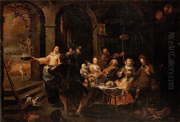 Scene De Banquet Avec Un Violoniste Oil Painting by Willem van, the Elder Herp