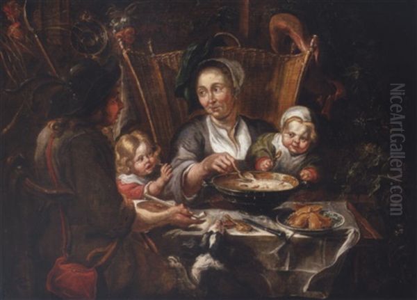 A Peasant Family At Dinner Oil Painting by Willem van, the Elder Herp