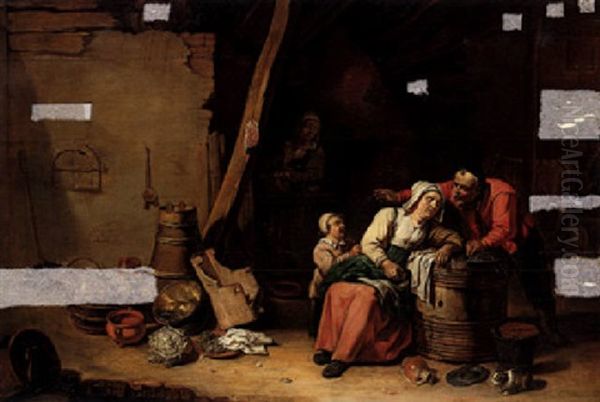 A Barn Interior With An Old Man And A Child Attending To An Old Lady Seated Near A Barrel, A Woman Beyond Oil Painting by Willem van, the Elder Herp