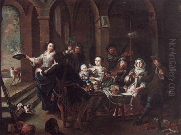 An Interior With Various Figures Seated At A Table Dining, Drinking And Making Music Oil Painting by Willem van, the Elder Herp
