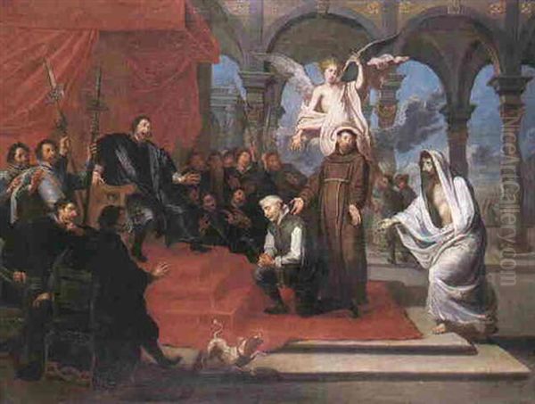 St. Francis And A Figure Interceding To A Council On Behalf Of A Bound And Kneeling Man With A Crucifix Oil Painting by Willem van, the Elder Herp