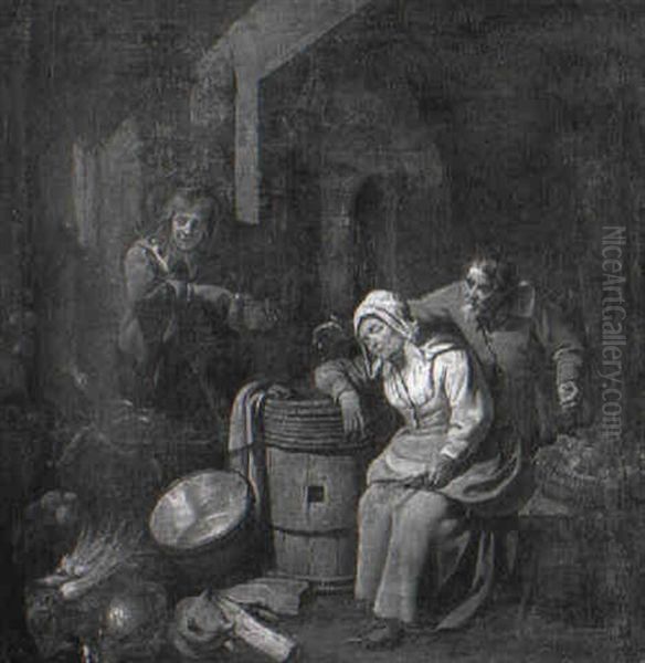 A Kitchen Interior With A Maid Asleep Over A Barrel Oil Painting by Willem van, the Elder Herp