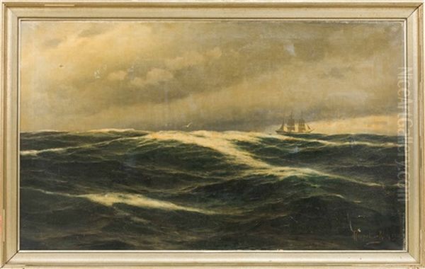 A Ship On Swelling Seas Oil Painting by Franz Karl Herpel