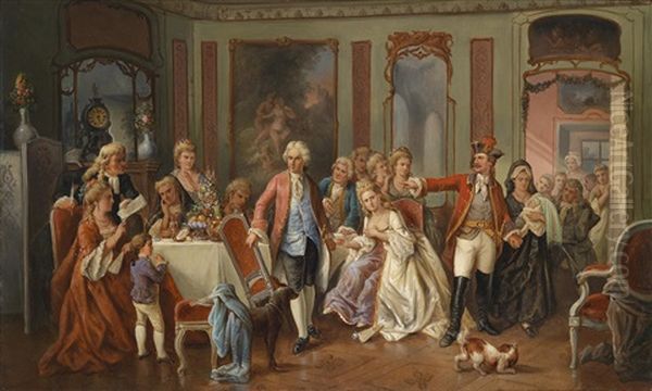 Uberraschter Junger Vater Im Kreise Einer Eleganten Gesellschaft Oil Painting by Carl Herpfer