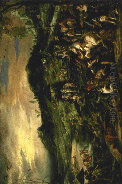 Grose Hofische Hirschjagd Mit Jagern, Treibern Und Molosserhunden Vor Weiter Hugeliger Landschaft Oil Painting by Michael Herr