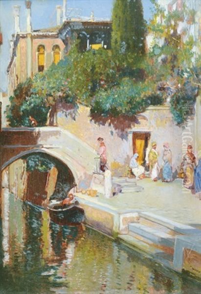 Lagoon In Venice Oil Painting by Cesar Maria Herrer Marcher
