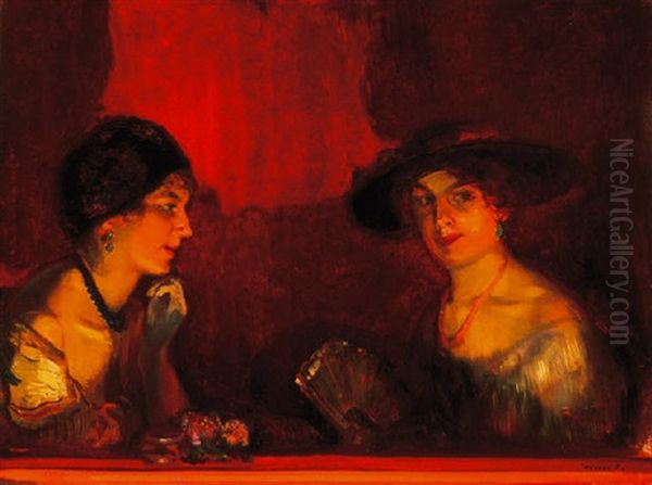 Kalapos Holgyek Paholyban (ladies In The Box) Oil Painting by Cesar Maria Herrer Marcher