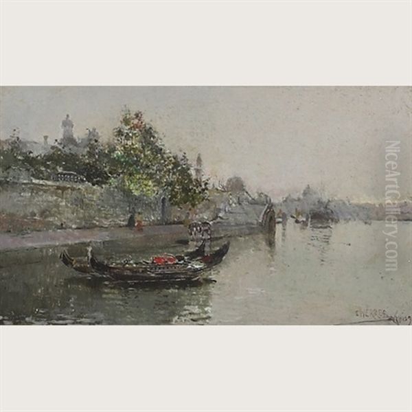 Along A Canal Oil Painting by Cesar Maria Herrer Marcher