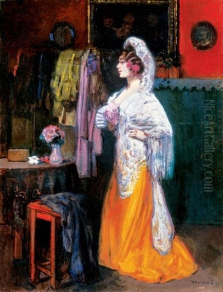 Fiatal Holgy Viragcsokorral (young Woman With A Bunch Of Flowers) Oil Painting by Cesar Maria Herrer Marcher