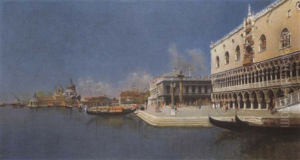 Blick Uber Das Markusbecken Auf Die Punta Della Dogana, S. M. Della Salute Und Dogenpalast Oil Painting by Cesar Maria Herrer Marcher