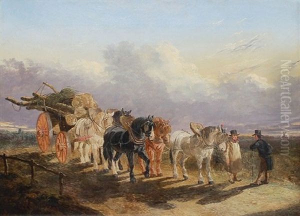 A Chestnut Hunter And Two Bay Hunters In The Grounds Of A   Country House Oil Painting by John Frederick Herring