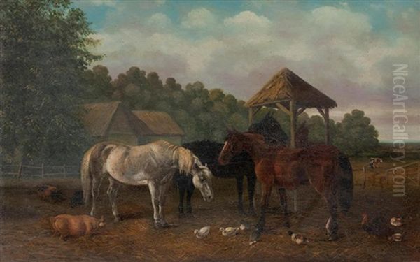 Horses And Other Animals In A Farm Yard Oil Painting by John Frederick Herring