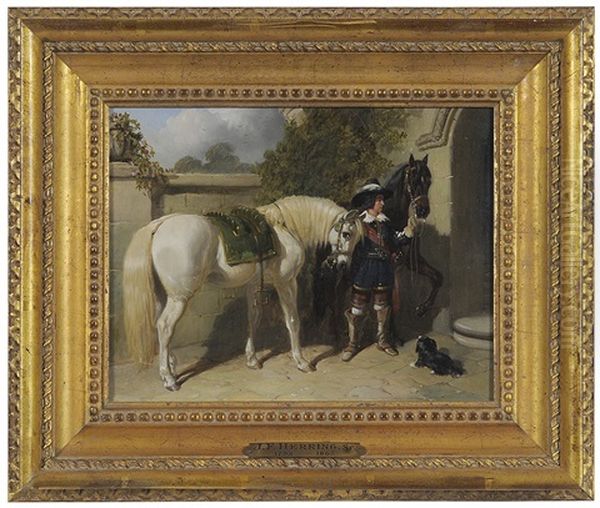Courtier, Horses And Dog In A Courtyard Oil Painting by John Frederick Herring