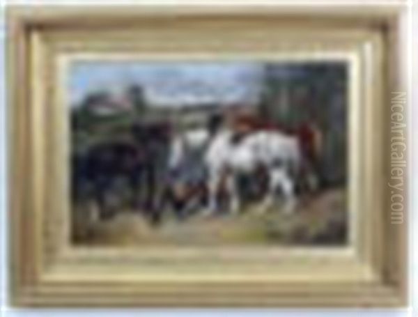 Three Working Horses With Chickens Drinking From A Water Trough Whilst The Hunt Goes By Oil Painting by Herring, James