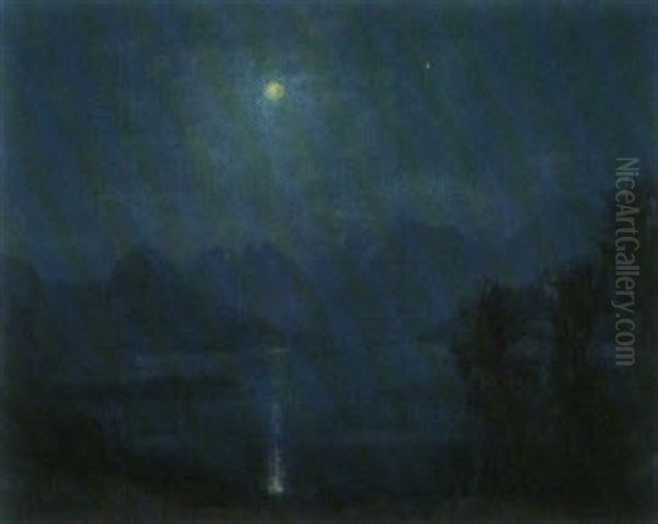 Eichen Am Dietschiberg - Mondlandschaft Oil Painting by Caspar Josef Herrmann