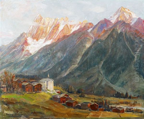 Abend Im Lotschental / Bei Eisten / Breithorn Oil Painting by Caspar Josef Herrmann