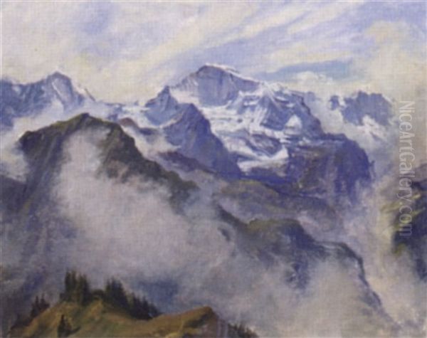 Morgen Auf Der Schynige Platte (monch Und Jungfrau) Oil Painting by Caspar Josef Herrmann