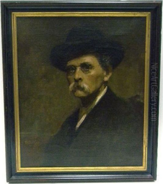 Middle Aged Man With Gray Walrus Mustache And Glasses In Black Slouch Hat Oil Painting by Reginald Barber