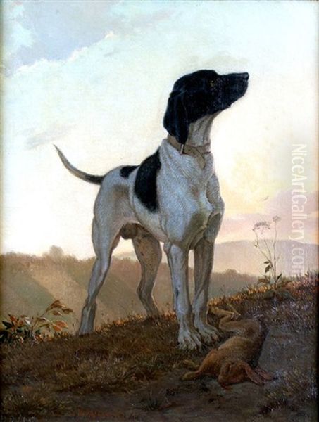 Braque Pres D'un Lievre Oil Painting by Charles Herrmann-Leon