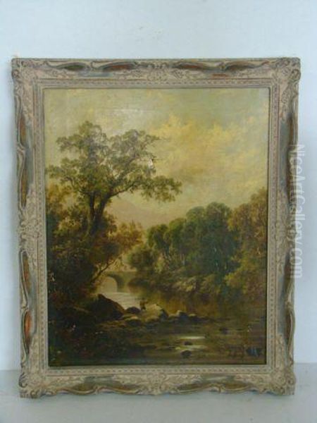 Beautiful Landscape Scene Depicting An Angler On Rocks Oil Painting by Thomas Stanley Barber