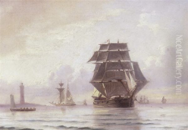 Marine Med Sejlskibe Udfor Skagen Fyr Oil Painting by Oscar Herschend