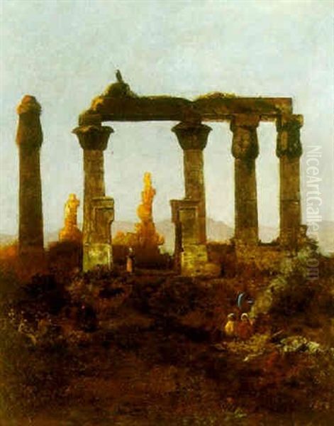 Aegyptisk Tempelruin Ved Solnedgang Oil Painting by Albert Hertel