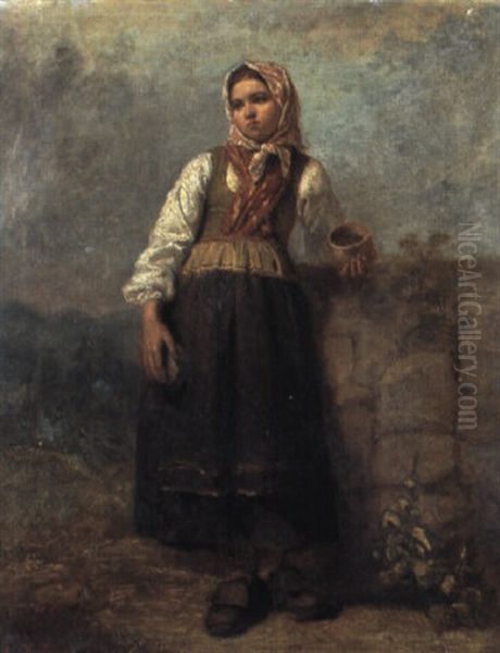 St+ende Flicka Vid Mur Oil Painting by Axel Gustav Hertzberg