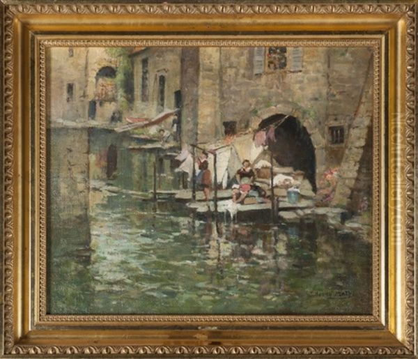 Annecy, Lavandieres Sur Le Thiou Oil Painting by Jules-Alfred Herve-Mathe