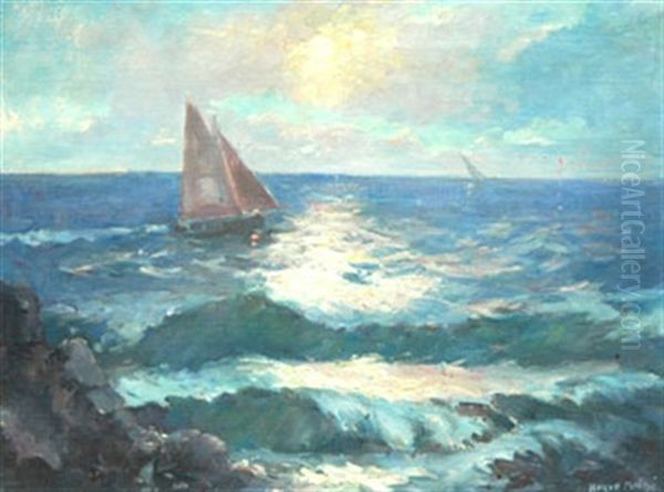 Voilier En Mer Soleil Couchant Oil Painting by Jules-Alfred Herve-Mathe