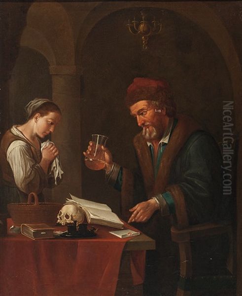 Junge Frau In Der Studierstube Des Arztes Oil Painting by Johann Daniel Herz the Elder