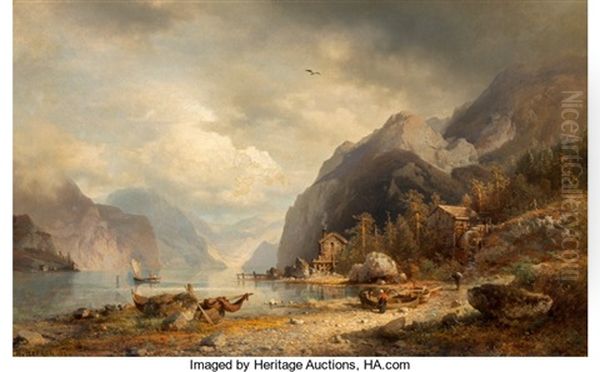 Fishing Village Oil Painting by Hermann Herzog