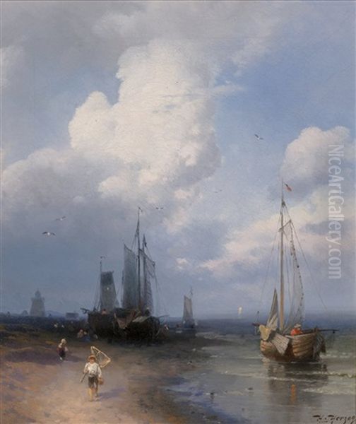Dutch Coastal Scene Oil Painting by Hermann Herzog