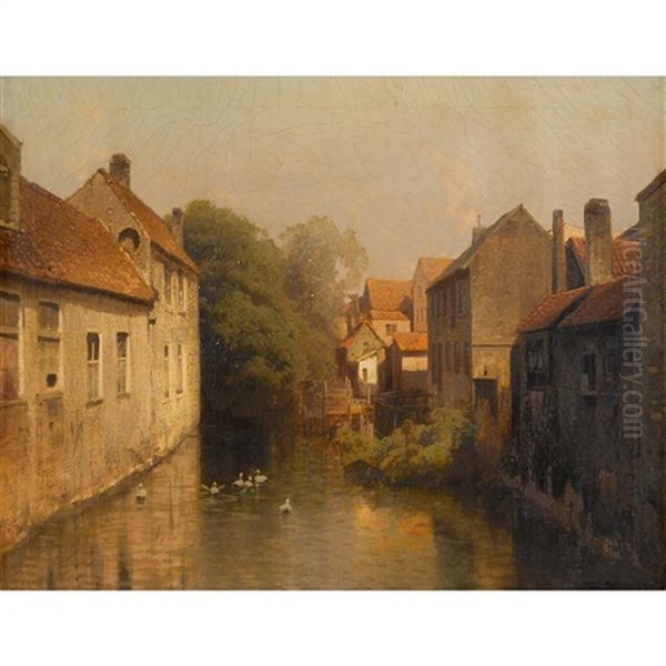 Town On A Canal Oil Painting by Hermann Herzog