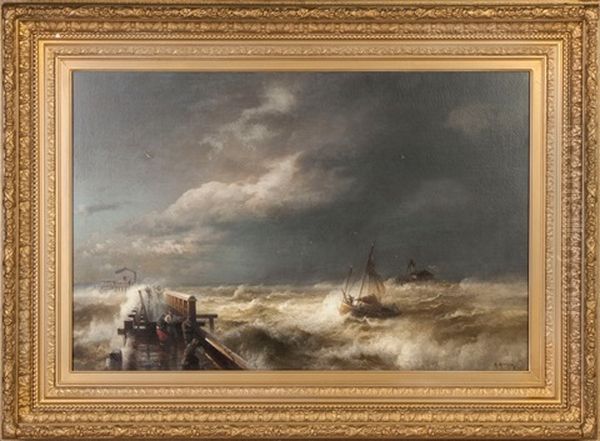 Dock With Stormy Seas Oil Painting by Hermann Herzog