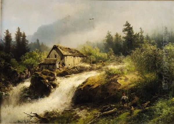 Going Fishing At The Old Mill Oil Painting by Hermann Herzog