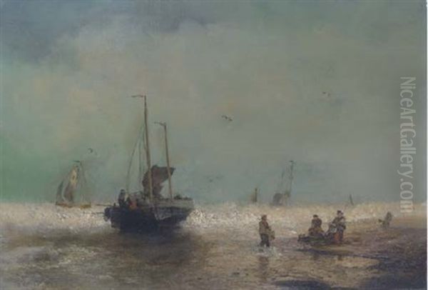 Fishing Boats Coming Ashore Oil Painting by Hermann Herzog