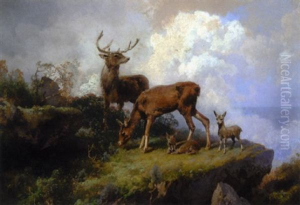 Deer On A Mountain Ledge Oil Painting by Hermann Herzog