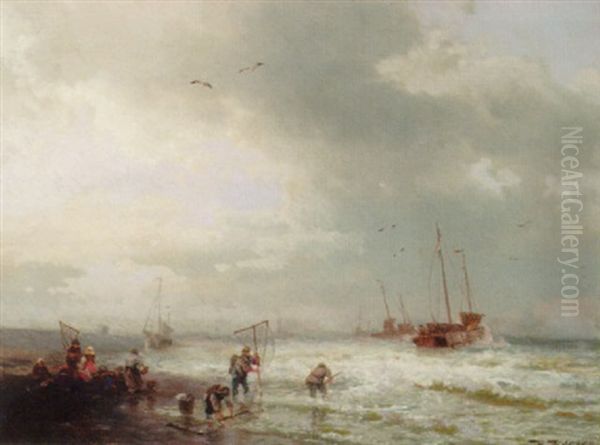 Fisherman By The Shore Of A Stormy Sea Oil Painting by Hermann Herzog