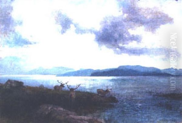 Elk By A Lake Oil Painting by Hermann Herzog