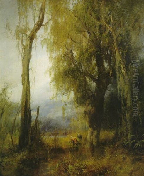 Cows At A Watering Hole In The Everglades Oil Painting by Hermann Herzog