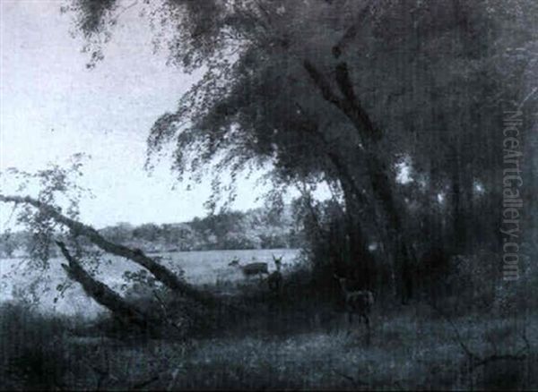 Deer In A Wooded River Landscape Oil Painting by Hermann Herzog