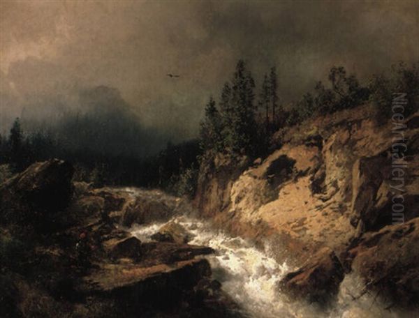 Landscape With Waterfall Oil Painting by Hermann Herzog