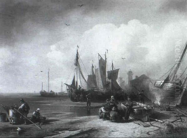 Figures By Boats In A Harbour Oil Painting by Hermann Herzog