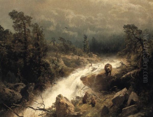 A Bear And Her Cubs In Yosemite Oil Painting by Hermann Herzog