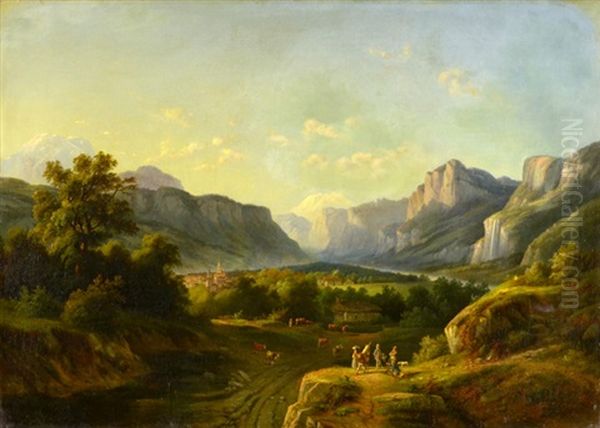 Alpen Landscape With Hunters And Farmers Oil Painting by Benedikt Franz Hess