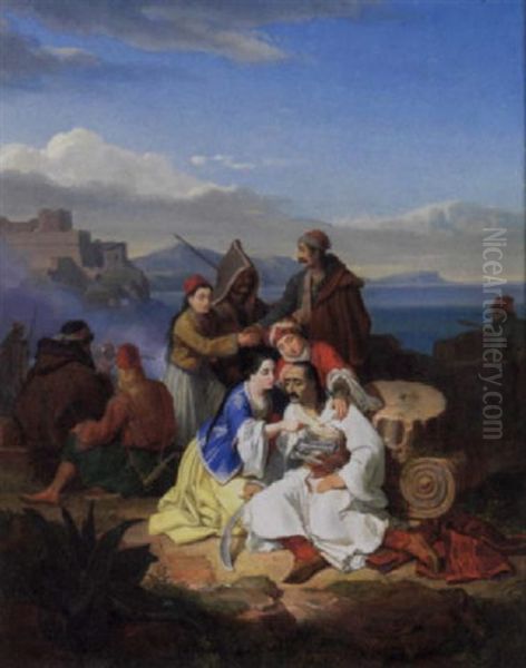 Women Attending A Wounded Turkish Soldier With An Extensive Landscape Beyond Oil Painting by Peter Heinrich Lambert Von Hess