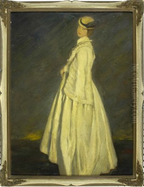 Dame Mit Hut In Heller Flanierkleidung Vor Dunklem Hintergrund Oil Painting by Rudolf Hesse